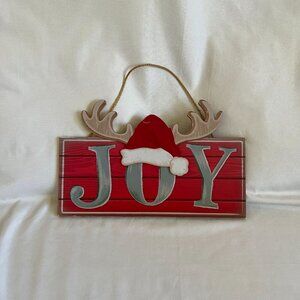 Joy Christmas Wooden Wall Sign With Santa Hat & Antlers - Festive Red & White De